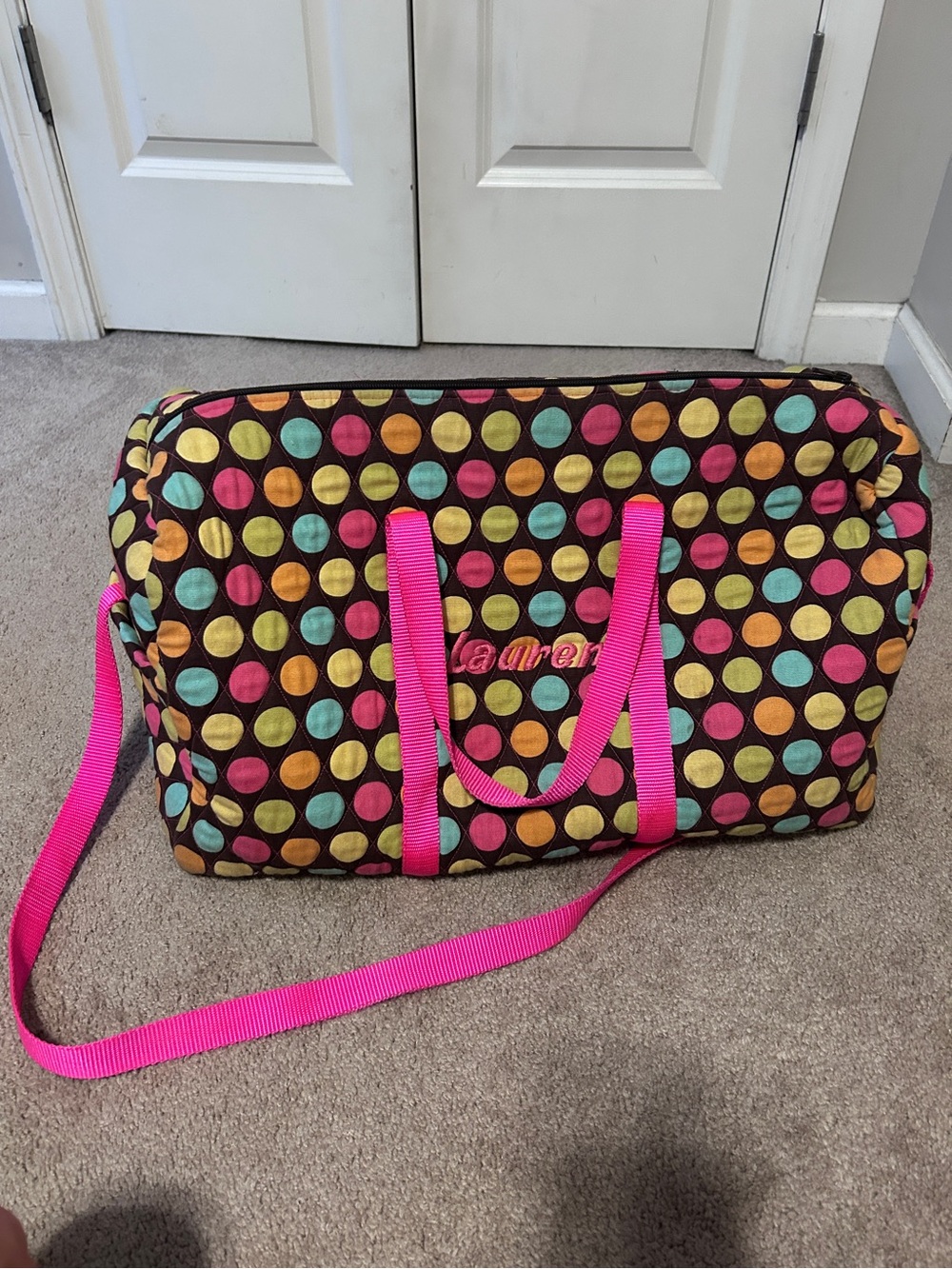 Personalized Multicolor Polka Dot Travel Tote with Pink Straps handmade